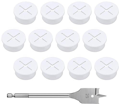 CYIOU 12 Teiliger Kabeldurchführung Gummi Ø 25mm Oder 1 Zoll Kabeldurchführung mit 1 Bohrer Kabeldurchführung Weiß für Schreibtische und Computertisch (Weiß)