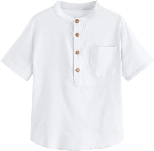 Haloumoning Camisa de lino para chicos de manga corta Henley, camiseta de verano, monocolor, corte regular, informal, informal, para fiestas, para niños (3-14 años), Blanco, 150 cm