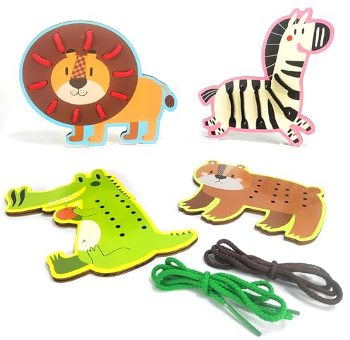 Fädelspiel Aus Holz, 4pcs Montessori Holzspielzeug Fädelspiel Tiere Pädagogische Schnürspielzeug für Kinder Nähkarten Kinder Kleinkind Reise Spielzeug Geschenke für Jungen Mädchen 2-5 Jahre Alt