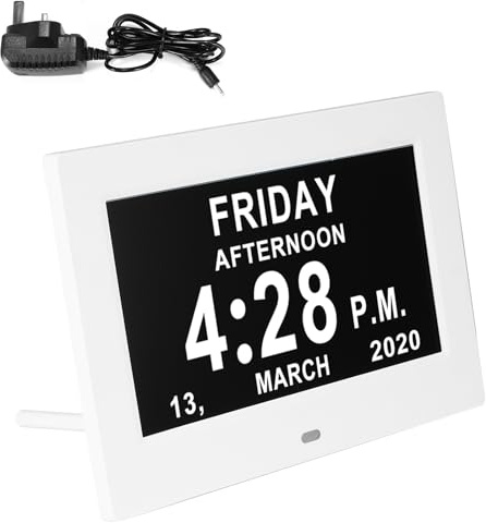 Calendario digitale grande da 17,8 cm, orologio con demenza con giorni, date e ora del giorno, promemoria per farmaci, orologio per anziani nel Regno Unito, calendario elettronico per ipovedenti