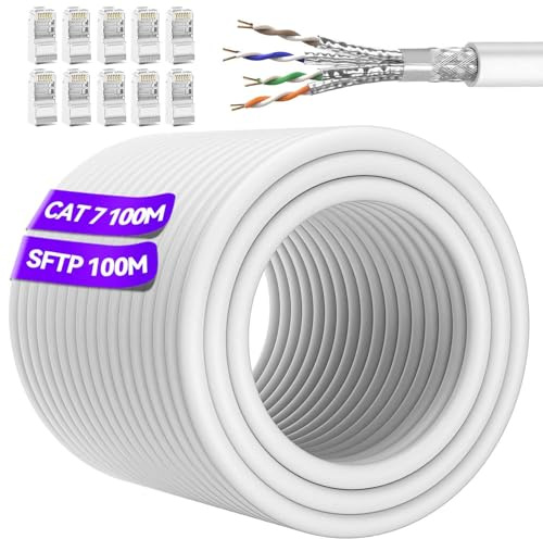 Soibke Ethernet-kabel 100 m Cat 7 vit RJ45-kabel 100 m vit Gigabit S/FTP | Höghastighets Ethernet-kabel, vattentät LAN-kabel, internetkabel för router och modem – 10 Gbit/s, 600 MHz