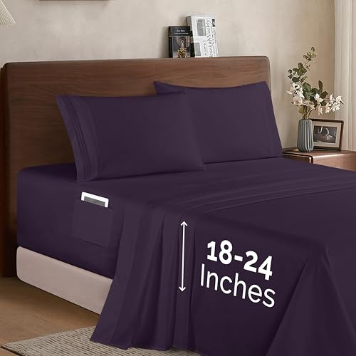 Elegant Comfort Luxury 1500 Premium Hotel Quality Microfiber 4-Piece Sheet Set - Soft, All Around Elastic 18-24 Inches Deep Fitted Sheet - Extra Deep Pocket Sheets, King, Eggplant-Purple
