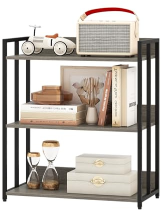 HOMASIS Estantería con 3 Niveles, Librería Industrial de pie con estantes metálicas Ajustables, Estantería Esquina de almacenaje con Dispositivo antivuelco para salón, Estudio, 70x35x81cm (Gris)