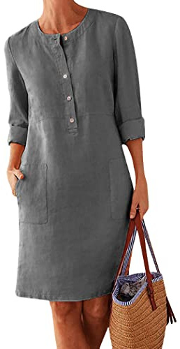 OMZIN Damen 3/4 Ärmel Kleid Sommer Floral Baumwolle Leinen Shift Kleider Lose Lässig Sommerkleid Dunkelgrau L