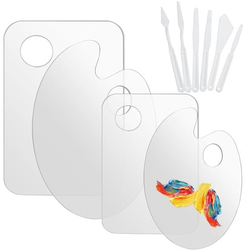 4 Stücke Malpalette Klare Acryl mit 5 Stück Kunststoff Malmesser,Mischpalette Acrylfarben Antihaft Öl Farbmischpalette, Acrylfarben Palette Malen Daumenloch, für DIY Kunsthandwerk Malerei