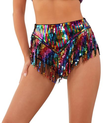 ABEHIK Women's Sequin Shorts Glitter Music Festival Rave Hot Pants Summer Short Party Shorts with Fringe Carnival Costume, Colourful, XL