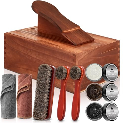 Wovnet 9 Pcs Shoe Shine Valet Box Including 1 Wooden Storage Box, 3 Colors Shoe Cream, 3 Big Brushes and 2 Towels, Shine Care Kit for Men Leather Boot Father's Day Birthday Gift(Dark)