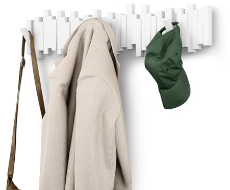 Umbra Sticks Wall-Mounted Coat Rack Rail Hook with 8 Retractable Pegs – Modern, Space-Saving Storage Organizer, White
