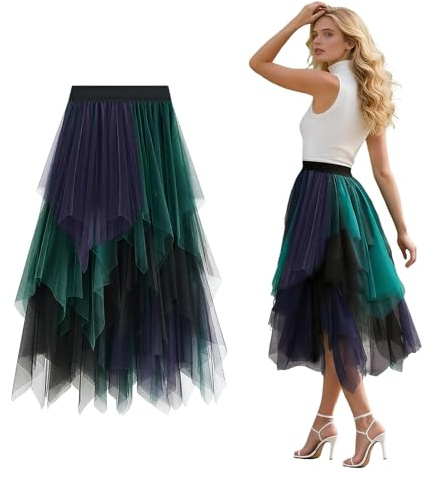 Falda Tul Larga Mujer, Disfraz Mujer Carnaval, Faldas Asimétricas, Falda Plisada de Malla Irregular, Falda Midi de Cintura Alta en Línea A, para Fiesta de Carnaval Ballet Prom Party (Purpura)