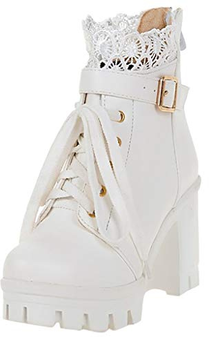 Generisch 2026 Ankle Boots Women's Student Platform Ankle Heel High Lace-up Boots Thick Lace Women's Shoes Fashionable Women's Boots, White, 6 UK