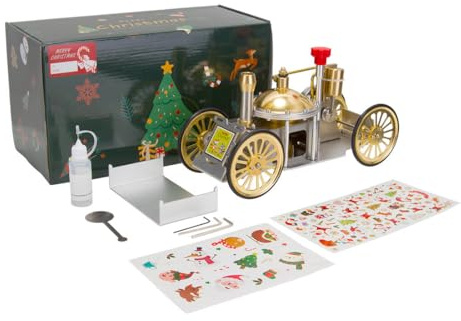 Christmas Metal Steam-Powered Car, Operational Steam-Powered Car Model with Boiler & Alcohol Lamp, STEM Educational, Home Decor & Gift Collection for Adults (Assembled Version)