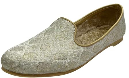Scarpe da uomo color crema oro ricamate etniche slip-on matrimonio punjabi jutti fatte a mano mojari party scarpe, Oro Crema Chiaro, 44 EU