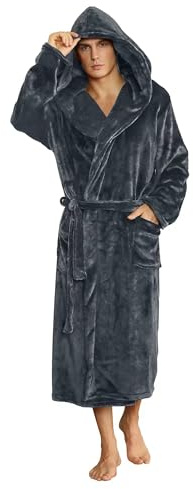 U2SKIIN Mens Fleece Dressing Gown Hooded Robe Plush Bathrobe (Dark Grey, 2XL/3XL)