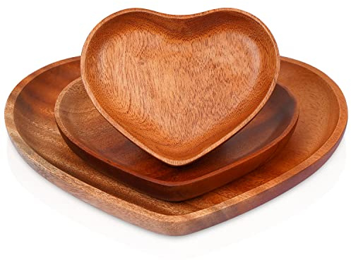 VieWood Heart Wooden Plates Set of 3 Unbreakable Classic Appetizer Plates, Easy Cleaning & Light weight for Dishes Snack, Dessert (Khaya, 4.1 & 6.3 & 8.7)