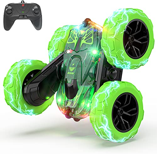 BEZGAR LED Ferngesteuerte Auto - 4WD 2,4 GHz Doppelseitiges RC Stunt Car, 360° Rotations-und-Flip Funktion RC Auto, Wiederaufladbare Spielzeug Geschenke für Jungen Kinder Mädchen, TD203 Grün
