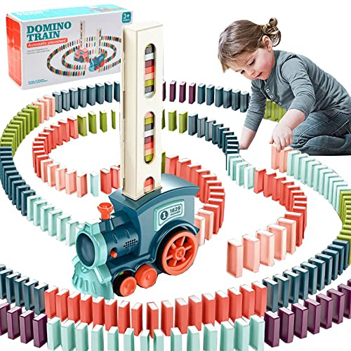 Domino tåg leksaker för 3-årig pojke gåvor, automatisk domino läggning elektriskt tåg med 100 st dominoblock, barnbyggnad och stapling tåg domino spel leksaker för 3, 4, 5 år gamla pojkar gåvor