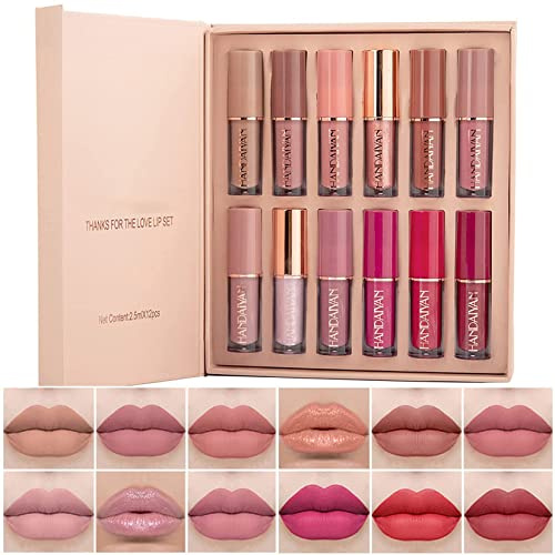 Brillo de Labios Pintalabios Permanente, MKNZOME 12 Piezas Lip Gloss Labiales Mate Larga Duracion Impermeable Regalo de Maquillaje para Mujer Niñas Cumpleaños Día de San Valentín Navidad
