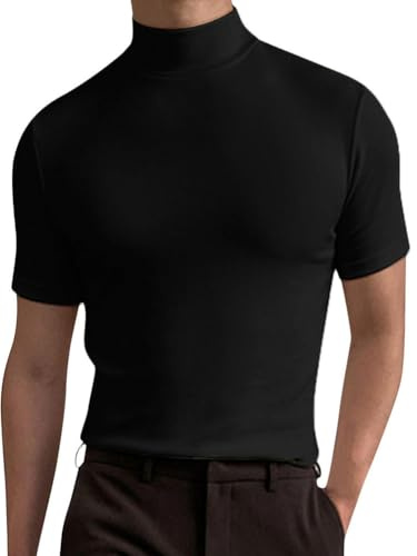 seiveini T-Shirt Homme Manches Courtes à Col Roulé sous Pull Coupe Slim Léger et Respirant sous-Vêtement Basique Tee Shirt Printemps Été A Noir S