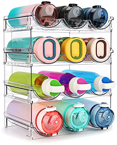 spospo Water Bottle Organizer for Cabinet, 4 Pack Water Bottle Organization and Storage Shelf, Plastic Water Bottle Holder Rack for Fridge, Kitchen, Desktop