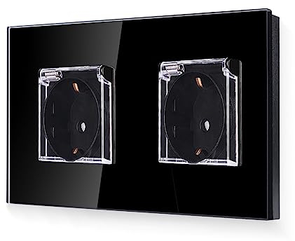 LIAONFOY Glas Schuko Doppelt Steckdose mit Deckel Unterputz 2 fach Wandsteckdose Schwarz Farbe mit Glasrahmen 16Amp 110-250V 157mm