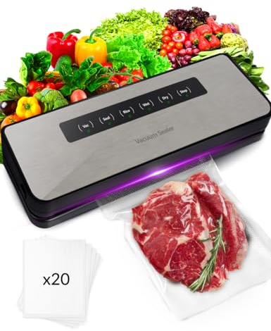 Vakuumiergerät 5 in 1, Vakumierergerät für Lebensmittel, Folienschweißgerät für Trockene Oder Feuchte Lebensmittel, Herausnehmbare Vakuumkammer inkl. 20 Profi-Vakuumbeutel und Vakuumschlauch (Grau)