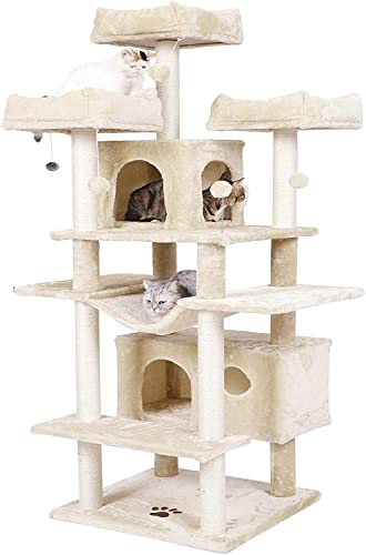 MSmask Kratzbaum groß XXL, Katzenbaum stabil mit 3 Aussichtsplattformen, Katzenkratzbaum für große Katzen, Sisalsäulen, Beige