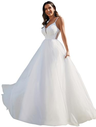 Ever-Pretty Vestito da Sposa Lungo Perla Linea A Stile Impero Collo a V Senza Maniche Abiti da Cerimonia Chic ed Elegante Bianco 38