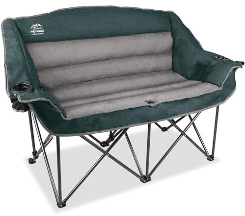 LANMOUNTAIN Fully Padded Folding Double Camping Chairs,Comfy Oversized Loveseat Lawn Chair w/Wine Glass Holder,Cup Holder,Heavy Duty Outdoor Portable Camp Couch Support 600 Lbs,Dark Green