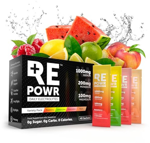 REPOWR Variety 40's Mix 1 - Clean Electrolytes Sachets Made with Natural Desert Salt | 1000mg Sodium. 200mg Potassium. 100mg Magnesium | Sugar Free. No Calories | Vegan, Keto and Fasting Friendly