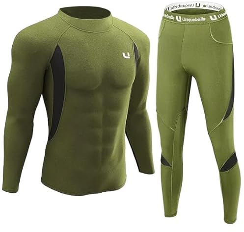 UNIQUEBELLA - Ropa interior térmica de manga larga con cuello alto para hombre - Ropa interior térmica forrada con forro polar - Secado rápido, Cuello Alto Verde, S