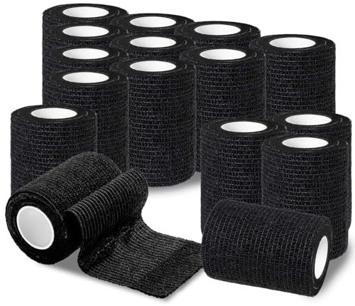ROELLY 16 Rotoli di Benda Elastica Autoadesiva, Tape Sportivo 7,5 cmx 4,5 m, Benda Elastica Coesiva, Bende di Primo Soccorso per Dita, Polsi, Caviglie, Utilizzabili per Persone o Piccoli Animali, Nero