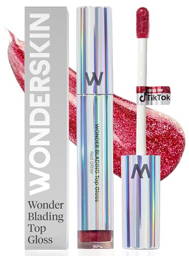 Wonderskin Lip Gloss - Wonderskin Blading Top Gloss, Red Glitter, Hydrating and High Shine Finish Lip Makeup (Red Glitter)