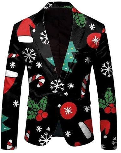 SAUTRV Herr jul nyhet blazers, herr julkostymer blazer slim fit en knapp kostym smoking jacka jul blazer för män affärer bröllop festival kavajer för fest jul blazer, Svart, XXL