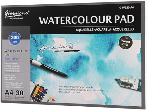 Hisdricus 30 hojas de papel de acuarela A4 200 g, bloc de dibujo DIN A4, papel de acuarela, papel acuarela para acuarela, gouache, acrílico, dibujo, obras de arte DIY