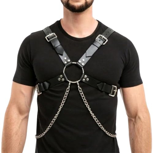Men's PU Leather Chest Harness –Leather Harness For Men S&M– Bondage-Sexy Punk Body Harness Belt for Cosplay, Halloween Roleplay, Clubwear & Bedroom Fantasy Mardi Gras Valentine's Day Gift (O ring)