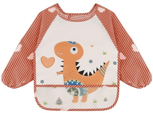 Vancle Babero con Mangas Largas, Babero con Mangas Impermeable, para Bebes Unisex 6-36 Meses, Lavable a Máquina (Dinosaurio)