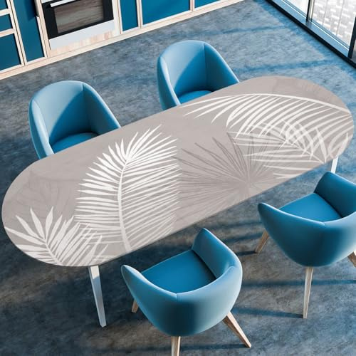 Morbuy Tovaglia Impermeabile Ovale Giardino Foglie di piante Stampa Tovaglie da Tavola Exterior con Bordo Elastico, Lavabile Antimacchia per Pranzo Decorazione Salotto (Foglie grigie,122x173cm)