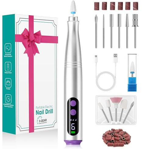 Fofile Fresa per Unghie Professionale 20000 Giri/min, Lima per Unghie Elettrica 12 in 1 con Display LCD, 9 Velocità Regolabili, Micromotore Unghie Ricaricabile per Manicure e Pedicure