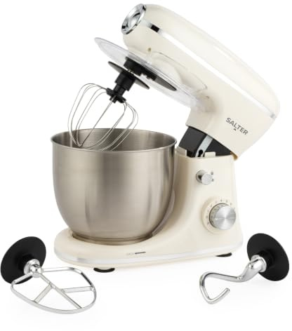 Salter Retro Cream Stand Mixer – 5L Electric Food Kitchen Mixer, Stainless Steel Removable Mixing Bowl, Accessories Included, Dough Hook, Wire Whisk, Beater, 8 Speed Settings & Pulse Function, 1300W