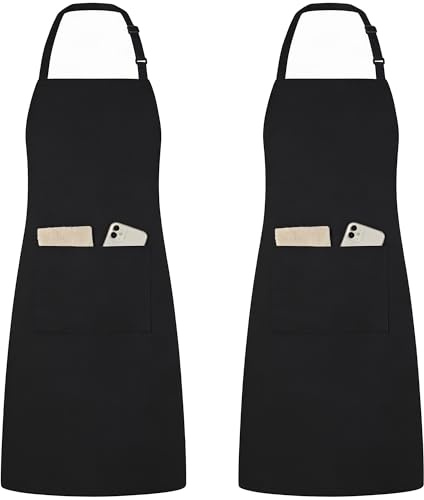NOBONDO 2 Pack Adjustable Bib Aprons with Pockets for Men and Women, Waterdrop and Wrinkle Resistant, Kitchen Apron for Cooking, Baking, Barbecue, Painting, Gardening, Crafting (Black)