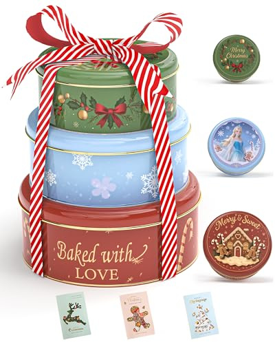 JOYCUBE Christmas Cookie Tins with Lids, Set of 3 Larger Holiday Containers for Homemade Cookies, Gifts, Treats, Reusable Round Metal Storage Boxes with 3 Premium Greeting Cards & 16.5ft Ribbon