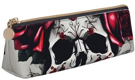 KLJnmbb Red Rose Skull Print Elegant Pencil Case Large Capacity Triangle Pouch with Zipper for Writing Tools