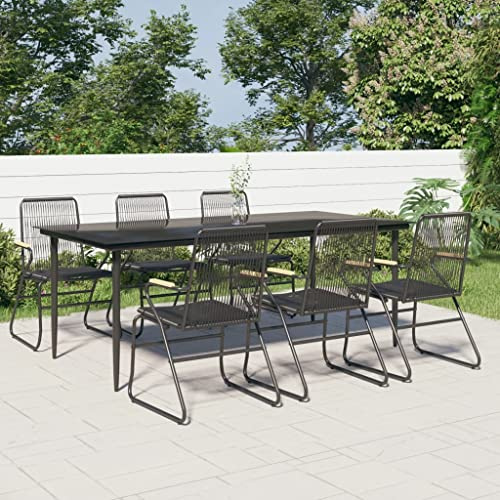 Salon de jardin 7 pièces en rotin PVC noir résistant aux intempéries, avec structure en acier robuste et plateau en verre, pour terrasse, balcon, extérieur, sièges confortables pour 6 personnes