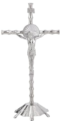 HOBBIESAY Crucifijo de pie de 21,7 cm de alto, crucifijo de aleación, cruz espiritual cristiana de Jerusalén, estatua de cruz de platino con base para decoración de mesa, pared, hogar, iglesia