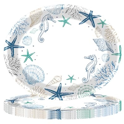 PhyLence 50 Pcs Under the Sea Oval Paper Plates - 9 x 11 Seahorse Seashell Starfish Ocean Theme Disposable Plates for Beach Parties,Summer Birthdays,and Sea Creature Celebrations