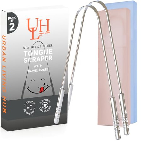 Tongue Scraper, Tongue Cleaner, Stainless Steel Tongue Scrapper, Metal Tongue Cleaner for Adults | Reduce Bad Breath | Oral Hygiene Care | 2-Pack + Travel Cases | ULH – The Urban Living Hub