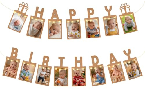 Vicloon Grattis på födelsedagen, Baby Photo Garland med ljus, kraftpappersgirlang för album, foton, festdekoration för barn och vuxna (kraft)