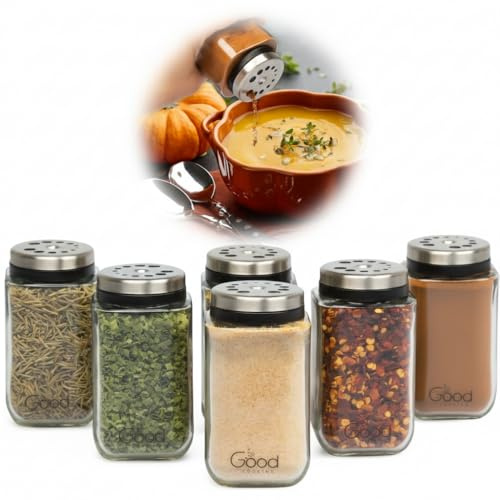 Adjustable Glass Spice Jars (Set of 6) with 6 Pouring Sizes- Stainless Steel Lid/Cap- Square Seasoning Bottle Containers for Minimalist Kitchen Pantry Storage Organization- Fill Shaker w Salt Pepper