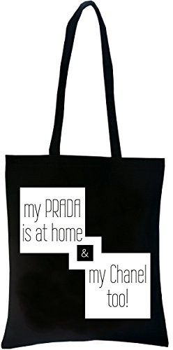 PREMYO Bolsa de la Compra Reutilizable Tela Bolso Tote Shopping para Mujer Asas Largas Impresión PRADA at Home Práctico Cómodo Robusto Algodón Negro