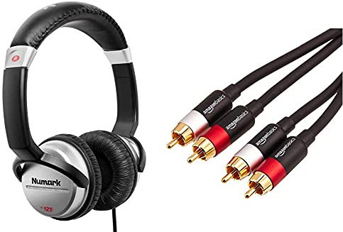 Numark HF125 | Ultra-Portable Professional DJ Headphones With 6ft Cable, 40 mm Drivers for Extended Response & Closed Back Design & Amazon Basics 2-Male to 2-Male RCA Audio Cable - 1.22 meters